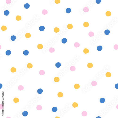 Seamless abstract pattern with hand-drawn dots, chaotically arranged festive confetti and cute peas. Vector children's illustration for fabric, poster, cover, paper, postcards, banner, design
