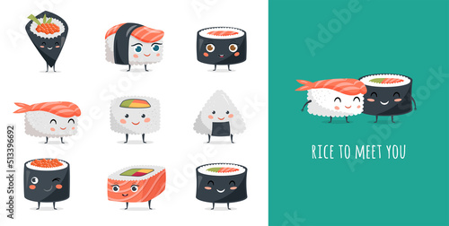 Funny Sushi concept design with sushi characters. Cute vector illustrations