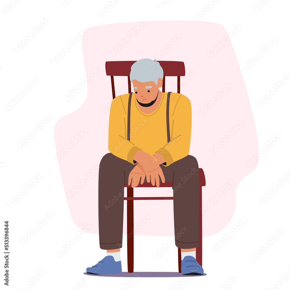 Tired Elderly Man Sitting On Chair with Depressed or Unhealthy Look. Grandfather Suffer of Health Problems, Depression