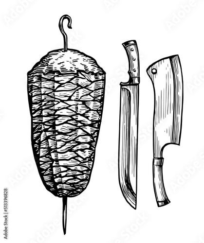 Kebab with knives for Turkish and Arabian fast food restaurant. Rotating spit with fried meat. Sketch vintage vector
