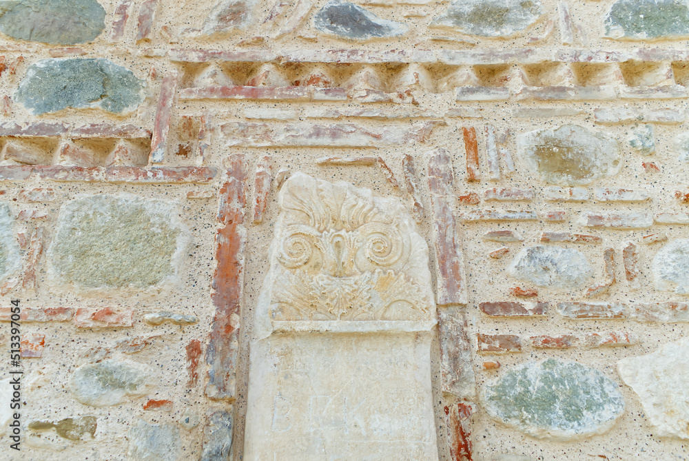 wall masonry. Frescoes, images of saints. the main Greek Orthodox church in the small town of Kalambaka. Greece, Meteora. close up