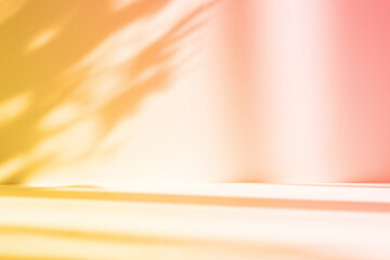 Abstract gradient orange studio background for product presentation. Empty room with shadows of window and flowers and palm leaves . 3d room with copy space. Summer concert. Blurred backdrop.