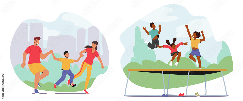 Set Happy Family Activities, Mother, Father And Child Run Holding Hands, Walking, Kids Jumping On Trampoline