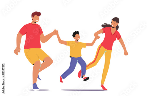 Father and Mother Walk with Child Holding Hands. Happy Family Characters Parents with Boy Spend Time Together, Activity