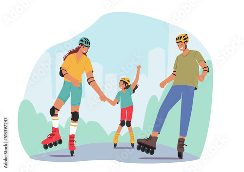 Family Weekend Activity, Leisure, Sport Spare Time. Mother, Father and Little Daughter Skating Rollers or Street