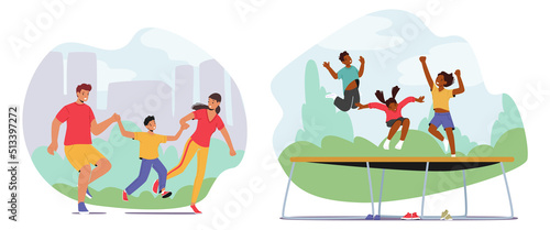 Set Happy Family Activities, Mother, Father And Child Run Holding Hands, Walking, Kids Jumping On Trampoline