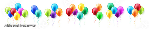 Colorful flying helium balloons with ribbon. Birthday party celebration. Realistic glossy balloon. Design element for wedding or anniversary greeting card. Vector Illustration