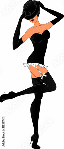 cabaret girl in black suit and black stockings with a hat on her head