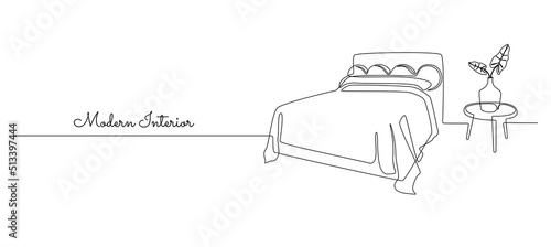 One continuous line drawing of double bed and table with vase and plant. Modern scandinavian interior for cozy decoration bedroom in simple linear style. Doodle vector illustration