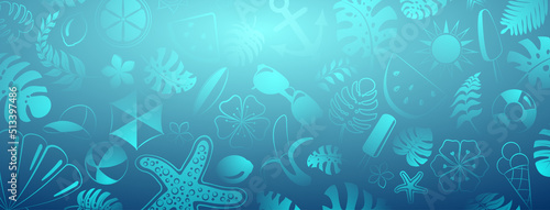 Background of various items related to summer holidays at sea, in light blue colors