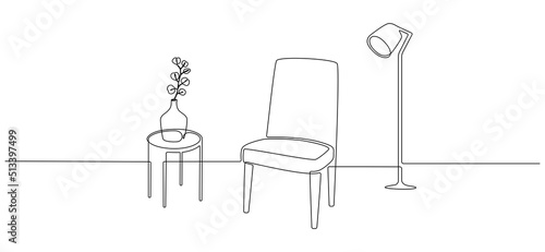 One continuous line drawing of chair and lamp and table with vase and plant. Modern scandinavian and loft furniture armchair in simple linear style. Editable stroke. Doodle vector illustration