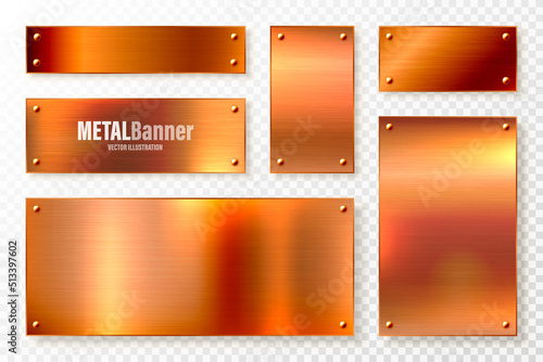 Realistic copper banners collection. Brushed stainless steel plate with rivets. Polished metal surface. Scratched industrial texture, metal background. Vector illustration.