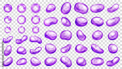 Set of realistic translucent water drops in purple colors in various shapes, isolated on transparent background. Transparency only in vector format