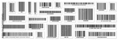 Set of product barcodes. Identification tracking code. Serial number, product ID with digital information. Store or supermarket scan labels, price tag. Vector illustration.