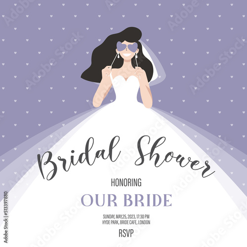 Bridal shower invitation with bride in wedding dress, hearts eyes, retro vintage vector illustration