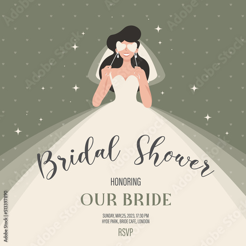 Bridal shower invitation with bride in wedding dress, hearts eyes, retro vintage vector illustration