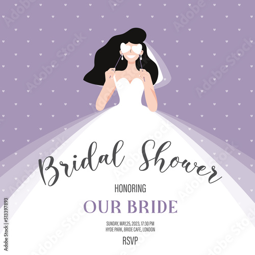 Bridal shower invitation with bride in wedding dress, hearts eyes, retro vintage vector illustration