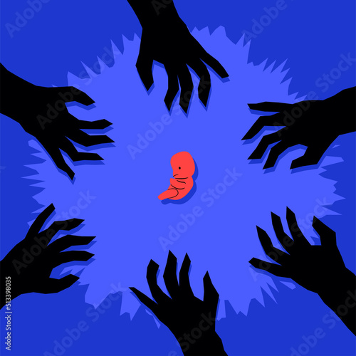 Hands reaching for the fetus, the concept of a ban abortion. A metaphor for politicians' intervention in women's reproductive health.