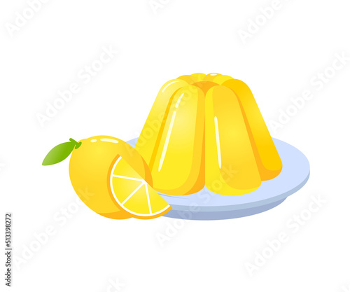 Yellow jelly sweet dessert on plate with lemon fruit cartoon vector illustration