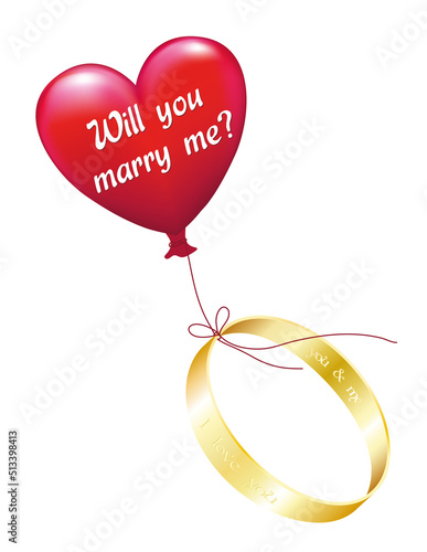 Will you marry me? 
Fliegende Luftballon mit goldenem Ring, 
Ring mit Liebes Message,
Vektor Illustration isoliert auf weißem Hintergrund
