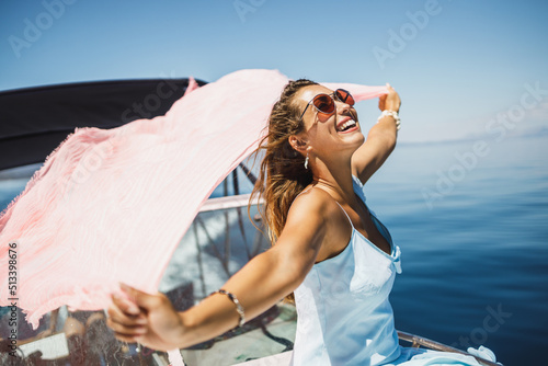Fotografie, Obraz Woman With Scarf Spending Day On Yacht