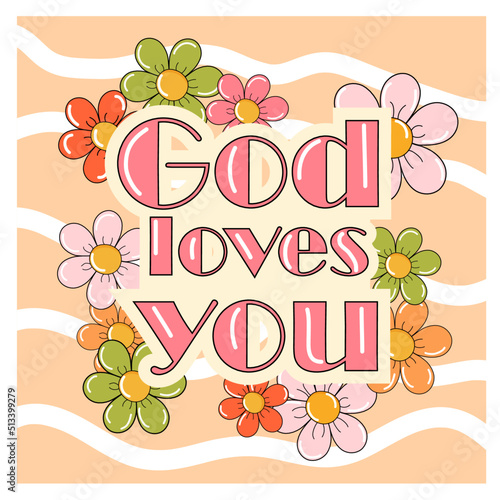 Banner of orange color with white stripes strewn with flowers and an inscription. Vector stock illustration. Hippie. 70s