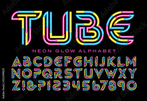 An alphabet with the effect of tri-colored neon tubes.