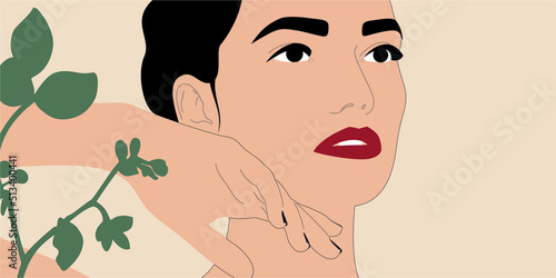 Portrait of a beautiful young woman touching her face with her hand. Skin care routine. Vector illustration concept.