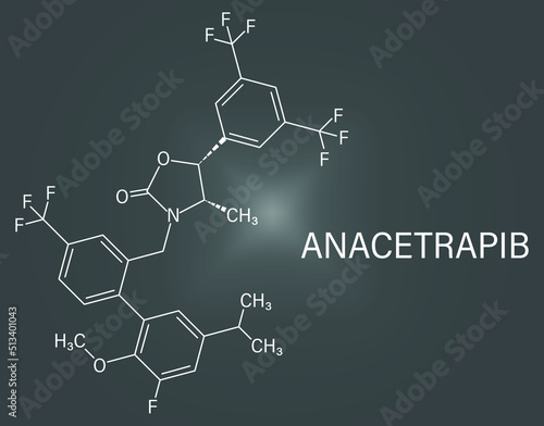 Anacetrapib hypercholesterolemia drug molecule. CETP or cholesterylester transfer protein, 
inhibitor for the treatment of elevated cholesterol levels. Skeletal formula.