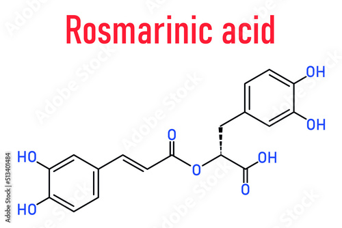 Rosmarinic acid herbal antioxidant molecule. Present in a number of plants including rosemary. Rosmarinus officinalis. Skeletal formula.