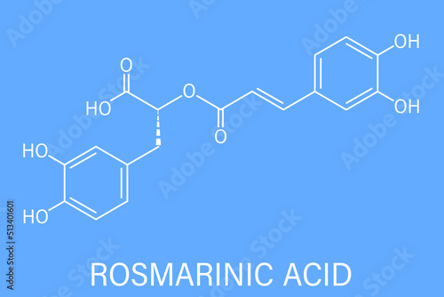 Rosmarinic acid herbal antioxidant molecule. Present in a number of plants including rosemary. Rosmarinus officinalis. Skeletal formula.
