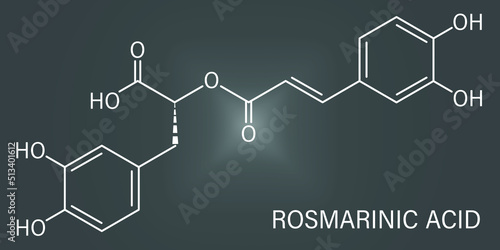 Rosmarinic acid herbal antioxidant molecule. Present in a number of plants including rosemary. Rosmarinus officinalis. Skeletal formula.