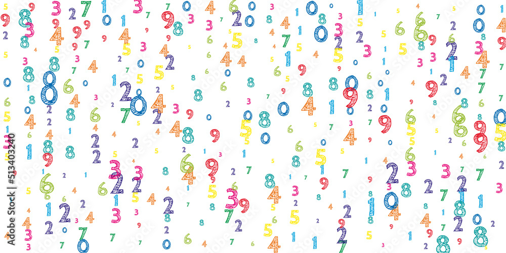 Falling colorful orderly numbers. Math study concept with flying digits. Brilliant back to school mathematics banner on white background. Falling numbers vector illustration.