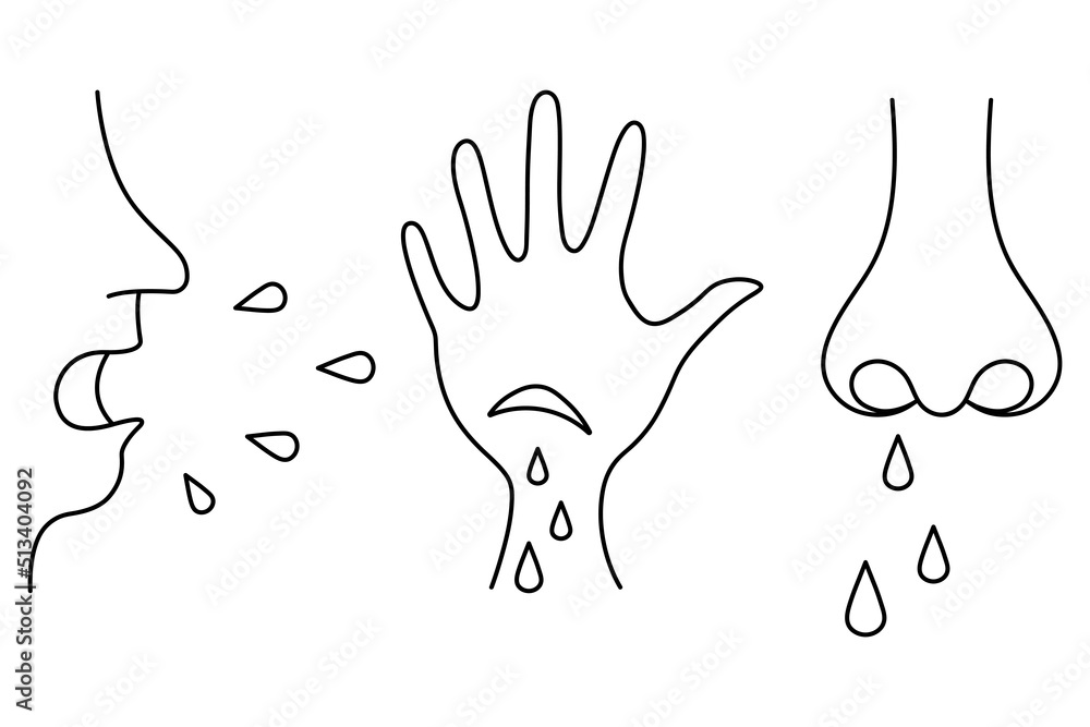 Obraz premium Coughing and sneezing, cut on the palm, wound with blood drops, human nose front view, runny nose. Sketch. Symptoms of the patient's illness and the spread of infection. Set of vector illustrations.