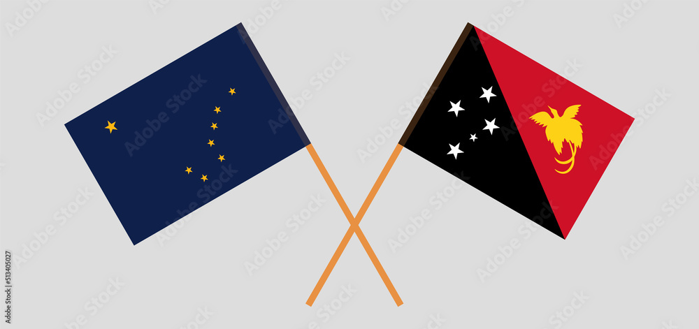 Crossed flags of the State of Alaska and Papua New Guinea. Official colors. Correct proportion Crossed flags of the State of Alaska and Papua New Guinea. Official colors. Correct proportion