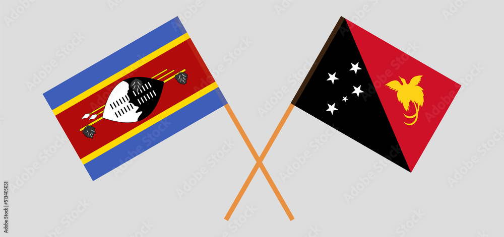 Crossed flags of Eswatini and Papua New Guinea. Official colors. Correct proportion Crossed flags of Eswatini and Papua New Guinea. Official colors. Correct proportion