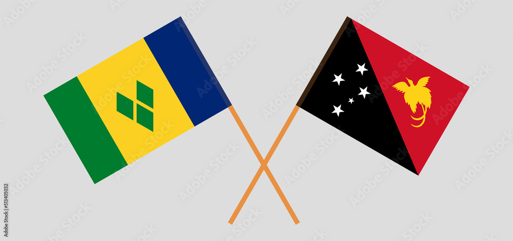Crossed flags of Saint Vincent and the Grenadines and Papua New Guinea. Official colors. Correct proportion Crossed flags of Saint Vincent and the Grenadines and Papua New Guinea. Official colors. Correct proportion