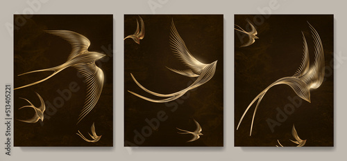 Dark art background with golden swallows in line style. Hand drawn pattern with birds for wallpaper, print, decor, interior design