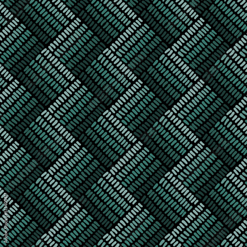 Abstract geometric seamless pattern. Diamond, zigzag ornament. Embroidery texture imitation. Silver and green stitches on black background