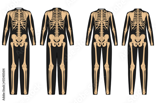 Set of Skeleton costume Human bones on bodysuit front back view men women for Halloween, festivals, printing on clothes for Day of the dead flat black beige color concept Vector illustration isolated