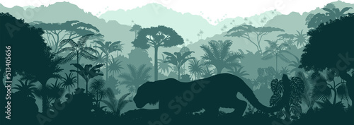 Vector horizontal seamless tropical rainforest Jungle background with tiger