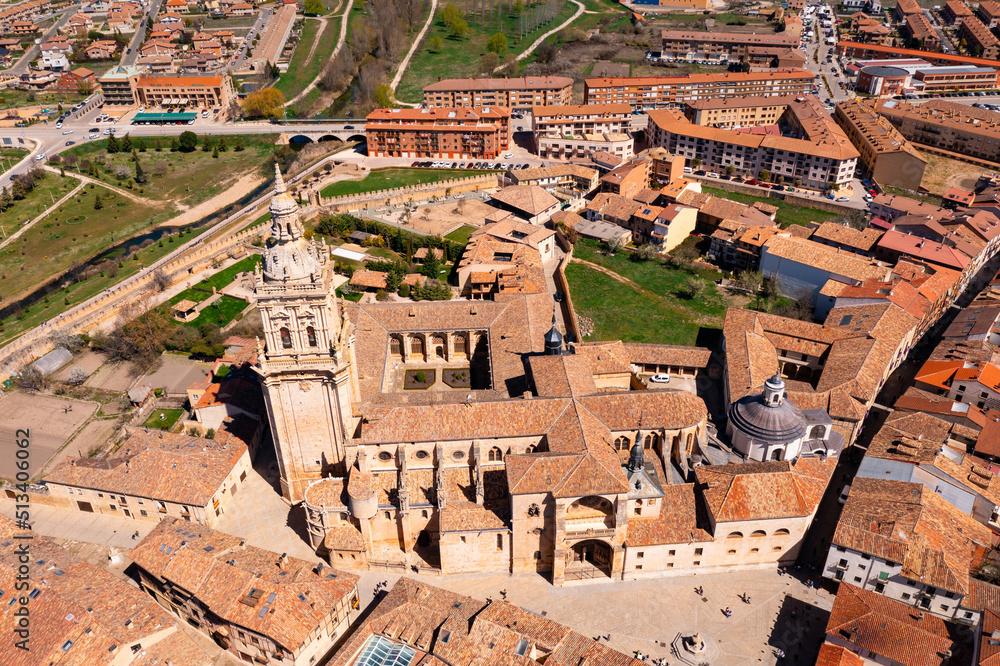 El Burgo de Osma medieval town aerial view in Castille and Leon Spain with blue sky on a sunny day