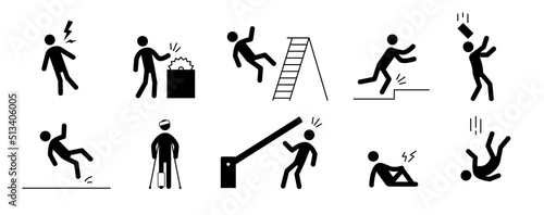 Accident pictogram man icon. Work safety, injury caution, hazard pictogram sign set. Warning, danger icon stick man vector illustration.
