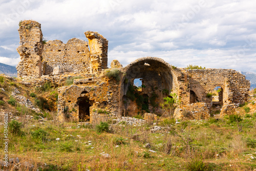 Remains of Anemurium basilica with view of semicircular apse. Close to modern Turkish city of Anamur.