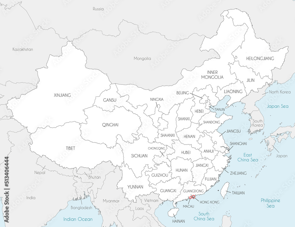 Vector map of China with provinces, regions and administrative divisions, and neighbouring countries. Editable and clearly labeled layers.
