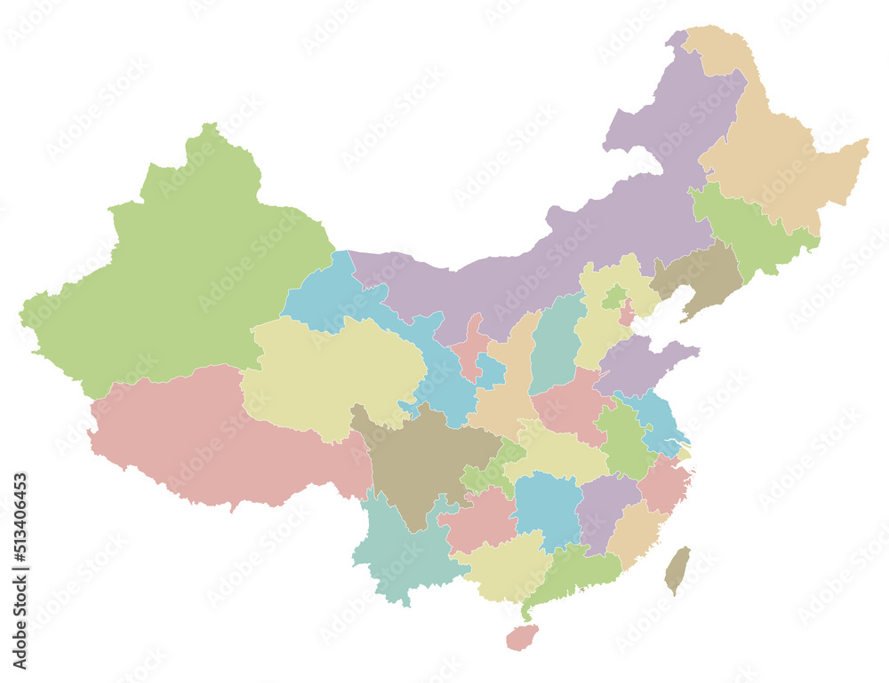 Vector blank map of China with provinces, regions and administrative divisions. Editable and clearly labeled layers.