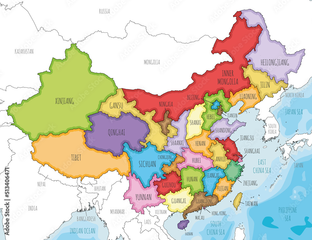 Vector illustrated map of China with provinces, regions and administrative divisions, and neighbouring countries. Editable and clearly labeled layers.