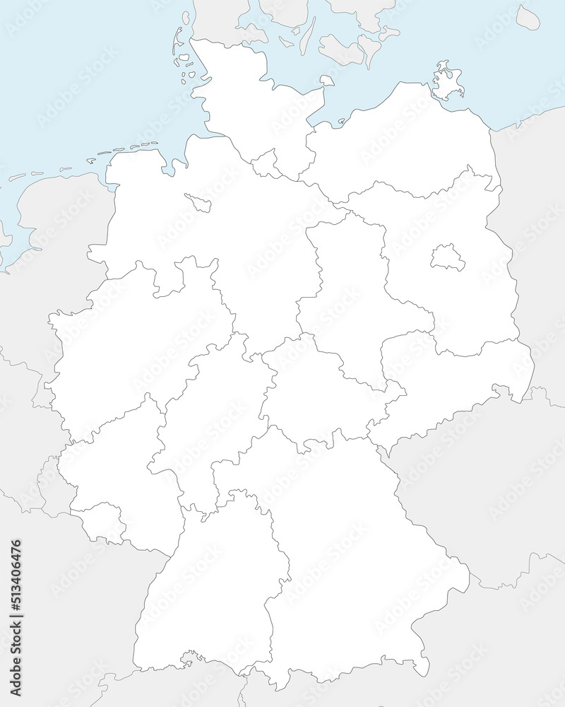 Vector blank map of Germany with federated states or regions and administrative divisions, and neighbouring countries. Editable and clearly labeled layers.