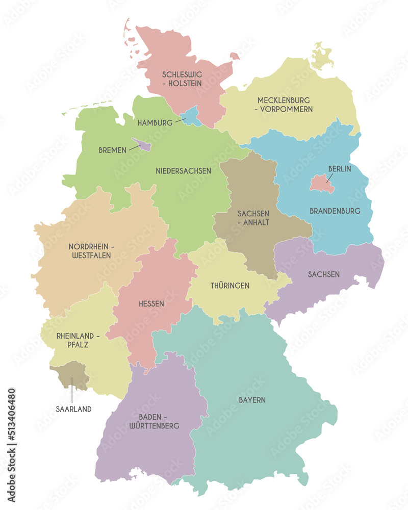 Vector map of Germany with federated states or regions and administrative divisions. Editable and clearly labeled layers.