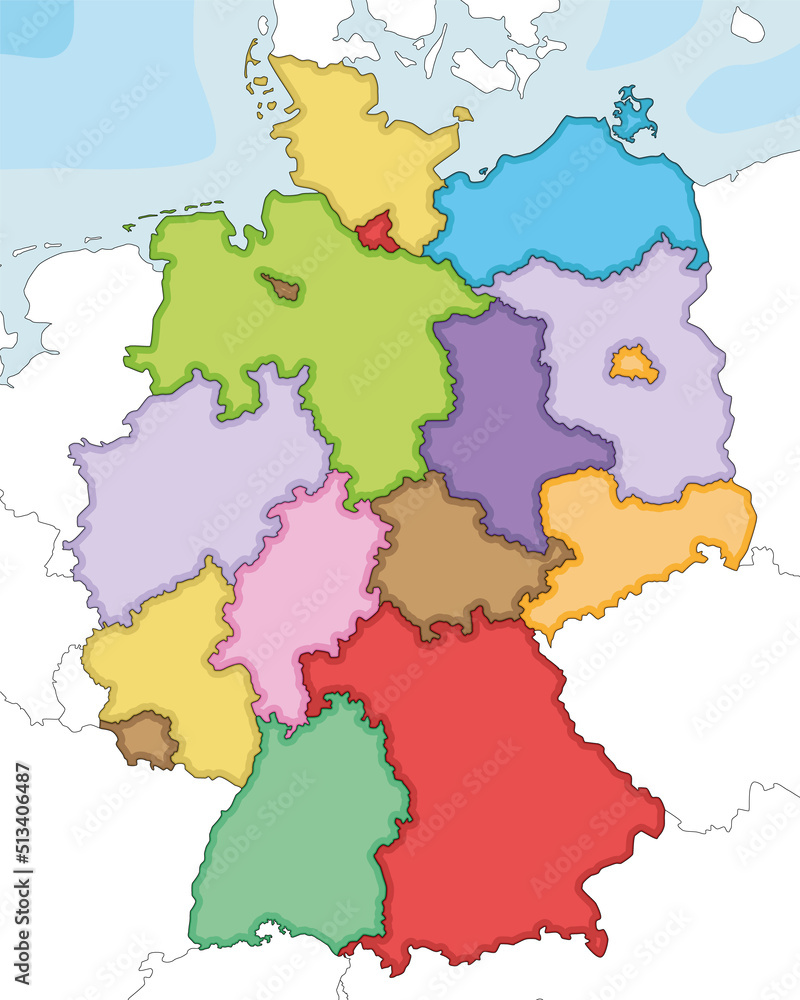 Vector illustrated blank map of Germany with federated states or regions and administrative divisions, and neighbouring countries. Editable and clearly labeled layers.